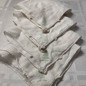 Set of White Linen Napkins with Green Fern Design